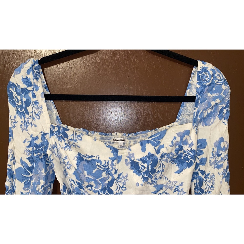 Reformation Reign Top Olympia White Blue Floral Smocked Long Sleeve in size 2 - Picture 12 of 15